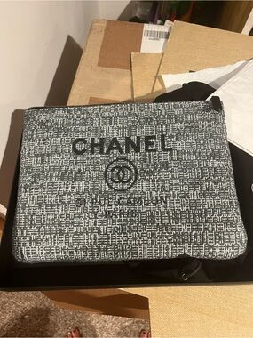 CHANEL Black and White Logo Canvas Men's Pouch